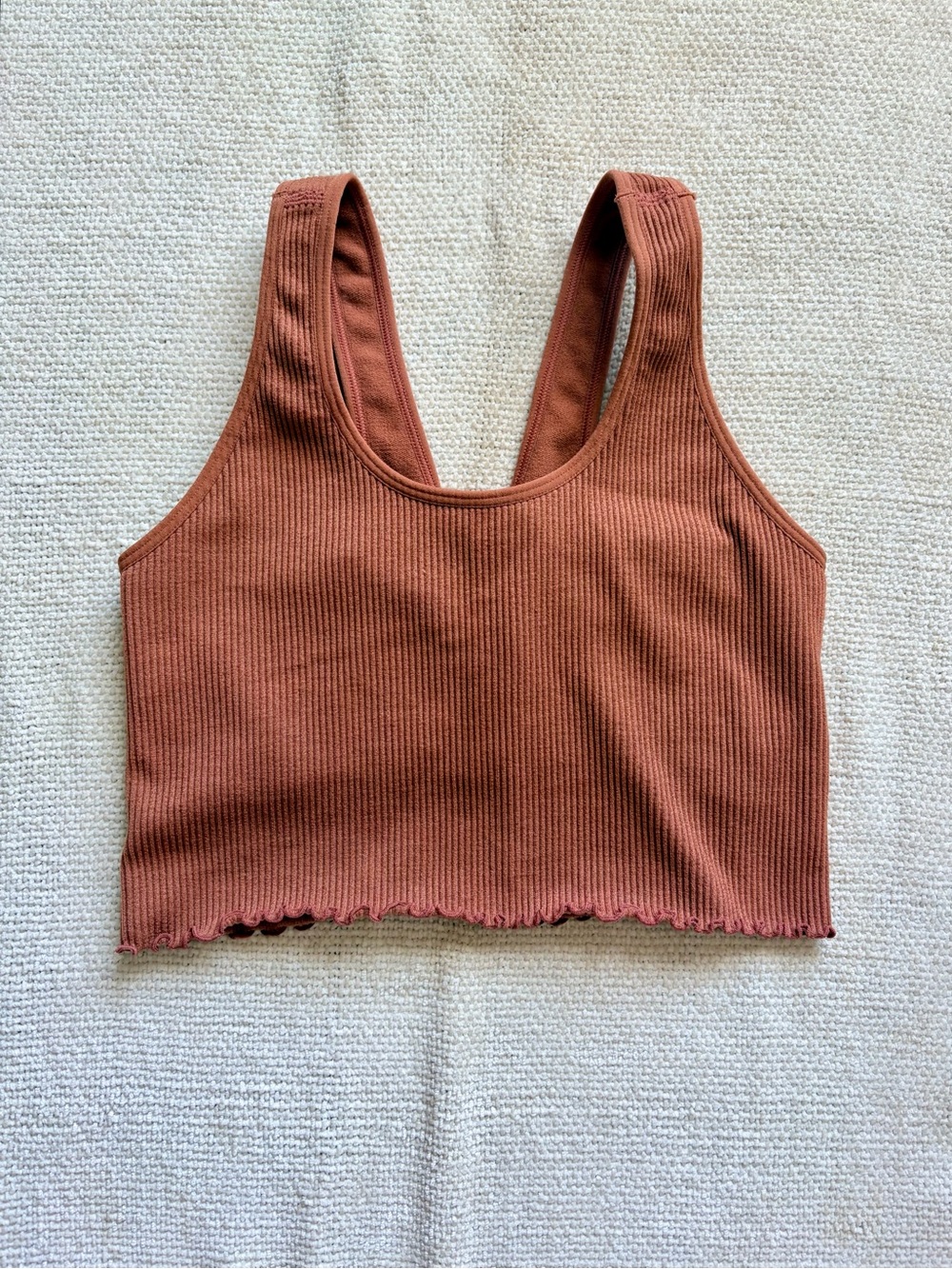 Deep Rust Colored Ribbed Sports Bra + Leggings Set w Lettuce Trim — Size S - Picture 2 of 12